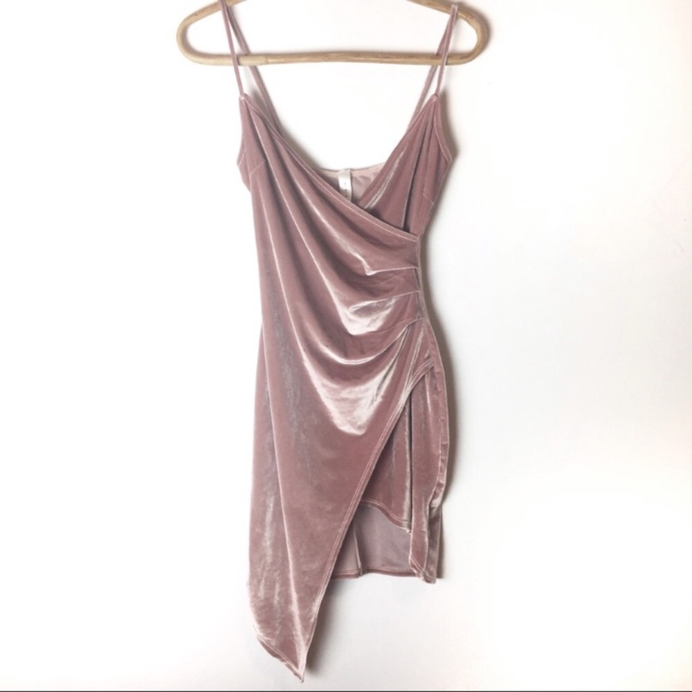 Blue Blush pink velvet bodycon faux wrap dress